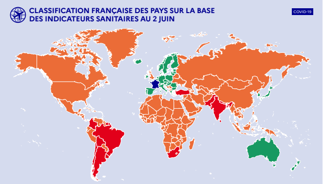 Carte des pays zones vertes - orange - rouge au 2 juin